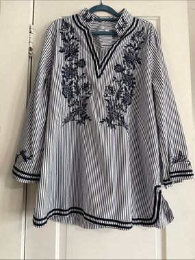 Chico's Navy & White Striped Embroidered Tunic